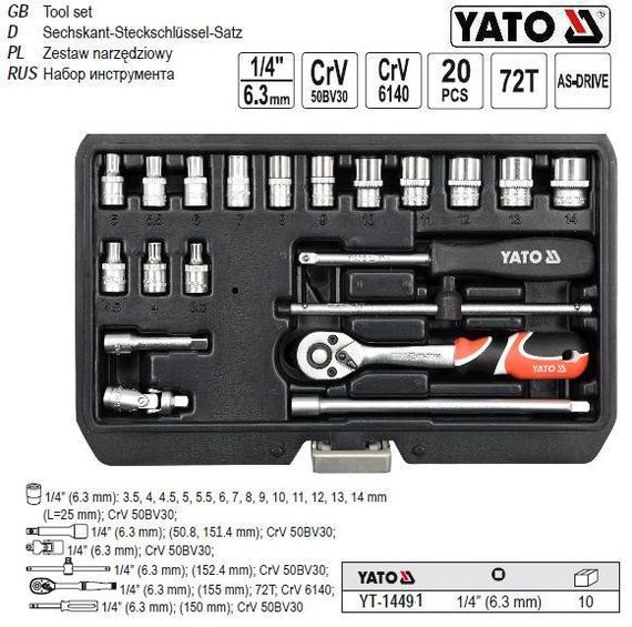 Набор головок торцевых YATO Польша 1/4'' М=3.5-14 20 штук YT-14491