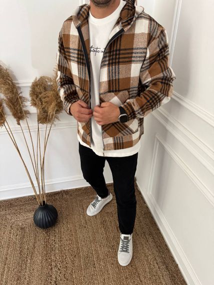 Тепла чоловіча байкова сорочка в клітку на блискавці з капюшоном розмір 44/46 колір коричневий adl1004 | Зображення 4