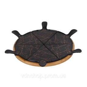 Тарелка для пиццы 28 см фарфоровая с бамбуковой вращающейся подставкой, секционная черная HP1247