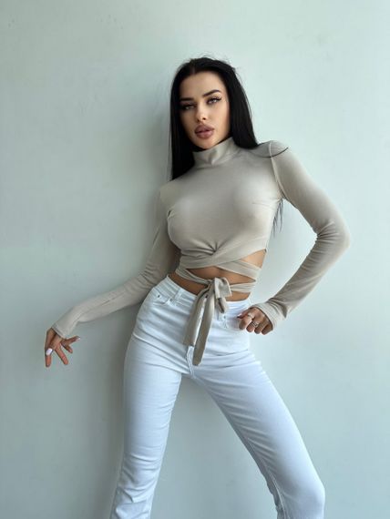 Женская укороченная кофта кроп-топ с завязками на талии NA994 цвет бежевый, размер 42/44 | Зображення 1