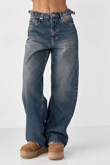 Широкі прямі джинси з затяжками на поясі - синій цвет, 36р (є розміри)