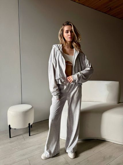 Жіночий велюровий спортивний костюм із штанами палаццо та кофтою оверсайз на блискавці колір сірий, розмір 42/44 SH359 | Зображення 7