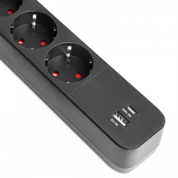Мережевий подовжувач 3 м 4 гнізда з USB (QC3.0) і USB-C (PD18W) заземленням і кнопкою VIDEX VF-PD43G1QC1PD-B | Зображення 3