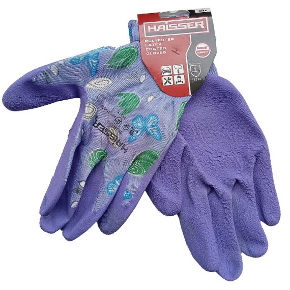 Перчатки полиэстер фиолетовые с зеленым латексным покрытием Haisser 211432
