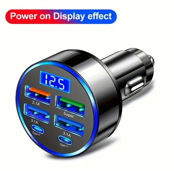 Автомобильное зарядное устройство USB-C с дисплеем напряжения, 4 USB и 2 PD порта, QC3.0, Super Fast зарядка | Зображення 6