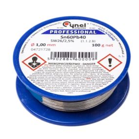Припой проволочный Cynel с активным флюсом Sn60Pb40 100гр диам. 1.0мм FLUX SW26 ПОС-60Ф