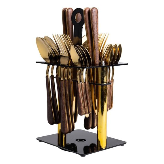 Набор столовых приборов на 6 персон с деревянными ручками на подставке столовые приборы 24 шт Золото HP-20-2 | Зображення 2