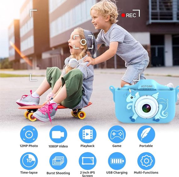 Детская цифровая камера ASTGMI C3Pro, 2.0” дисплей, 12МП, с SD-картой 32 ГБ и силиконовой крышкой, синяя | Зображення 5