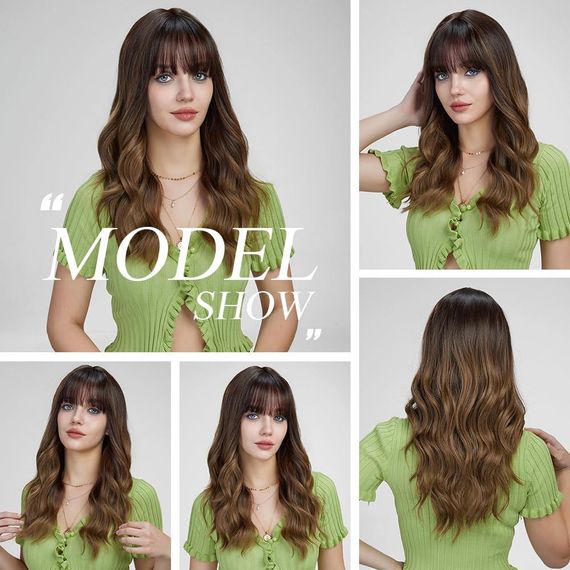 Парик женский каштановый омбре волнистый с челкой 51 см длинный, термостойкие синтетические волосы коричневые | Зображення 5