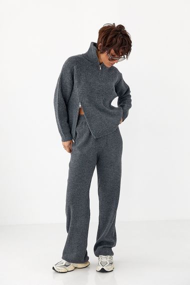 В'язаний костюм зі светром із блискавками та прямими штанами - сірий цвет, ONE SIZE (є розміри) | Зображення 4