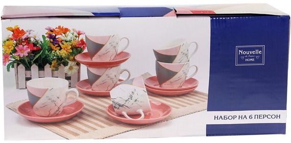Сервіз кавовий з 6 чашок та блюдець Marble Pink-Gray 240ml | Зображення 2