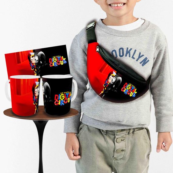 Набір:дитяча сумка-бананка+кружка Цифровий Цирк «Amazing Digital Circus» 32х15см,бананка для хлопчика через плече (01003)