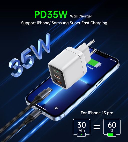 Мережевий зарядний пристрій Choetech PD6052-EU-WH, USB-A/USB-С | Зображення 3