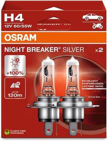 Лампа H4 12V 60W P43t NIGHT BREAKER SILVER +100% OSRAM 64193NBS-HCB-DUO