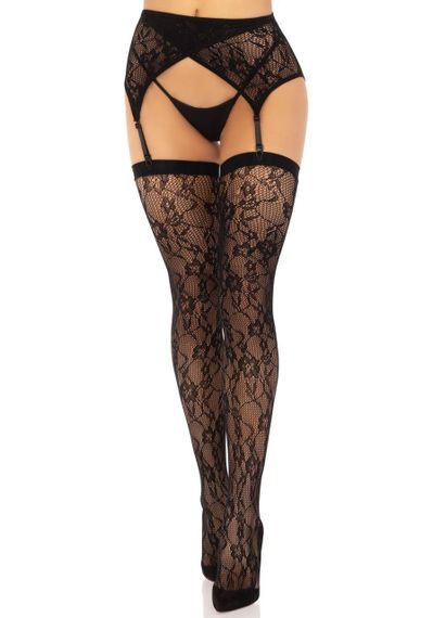 Комплект Leg Avenue Lace thigh highs & garterbelt, One Size, чорний, панчохи та пояс з пажами sexstyle | Зображення 1