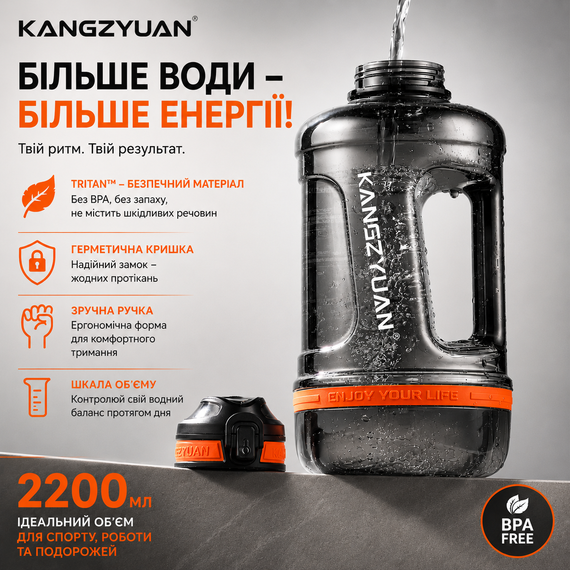 Бутылка для воды KANGZYUAN 2200 мл Tritan BPA Free Черная (с ручкой и ремешком) | Зображення 5