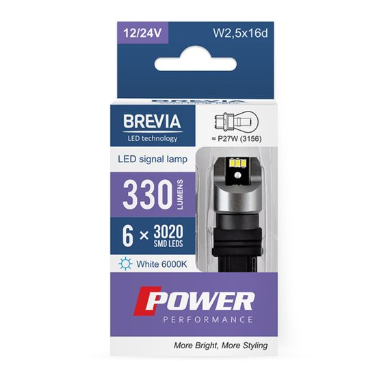 10138X2 BREVIA Лампа світлодіодна Brevia Power P27W (3156) 330Lm 6x3020SMD 12/24V CANbus, 2шт.