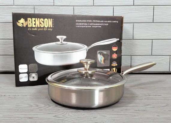Cковорода глубокая Benson из нержавеющей стали 26 см (BN-587) Антипригарное покрытие | Зображення 4