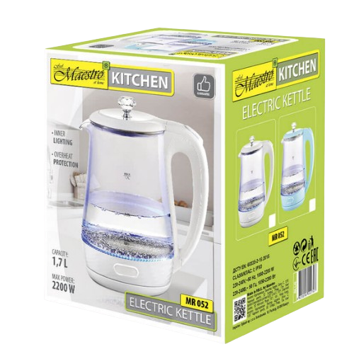 Електрочайник 1,7л 1850-2200W скло (диск) білий MR-052-WHITE Maestro | Зображення 2