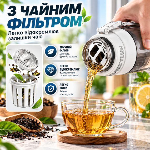 Спортивная бутылка KANGZYUAN 700 мл - Белая Tritan BPA-free, ударопрочная эко-бутылка с фильтром и ремешком | Зображення 5