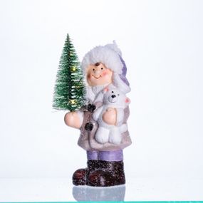 Новорічна фігурка з підсвіткою Дівчинка з ялинкою з фарфору 9×6×18 (см) новорічний декор для дому, квартири, офісу CR-5-4