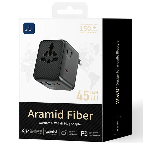 Мережевий універсальний перехідник WIWU UA010 Warrior GaN 45W + 2USB-A/3C Black | Зображення 2
