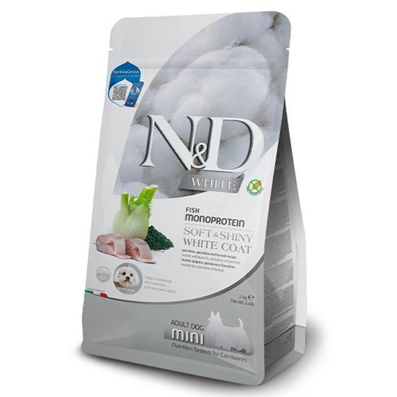 Farmina N&D Grain Free White Adult Mini беззерновой сухой корм для собак с белой шерстью с сибасом, спирулиной