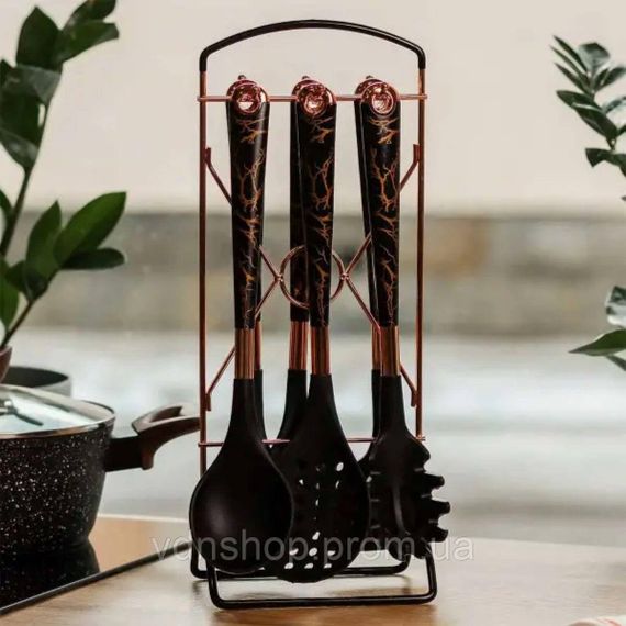 Набір кухонного приладдя на підставці 6 штук кухонні аксесуари Мармур YRUR6 | Зображення 1