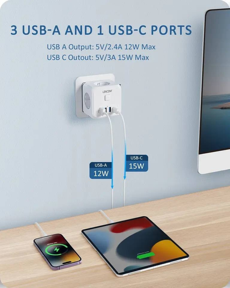 Мережевий Фільтр Трійник 7в1 LENCENT із швидкою зарядкою 3 розетки/3 USB/1TYPE-C | Зображення 2