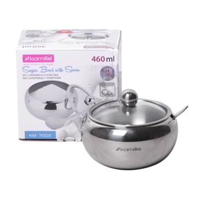 Сахарница 460ml из нержавеющей стали с ложечкой и стеклянной крышкой