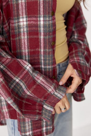 Картата сорочка на кнопках із напівкруглим низом - темно-червоний цвет, ONE SIZE (є розміри) | Зображення 3