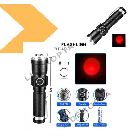 Ліхтар ручний PLD-1812-T6 red з індикацією заряду, зарядка через USB Type-C, зум-оптика (47318-1812_153) | Зображення 3