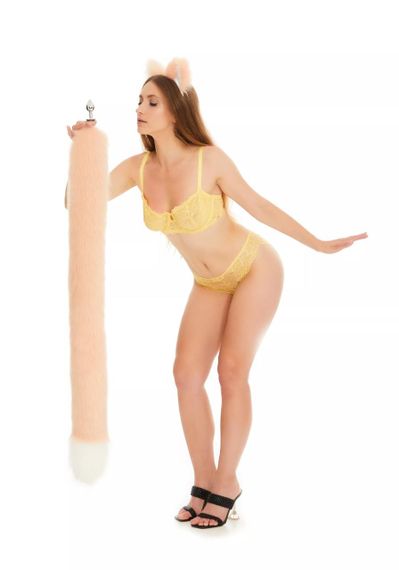 Анальний хутряний хвіст без пробки, Персиковий з білим кінчиком, OKOVA 100 см. Sex Aura | Зображення 4