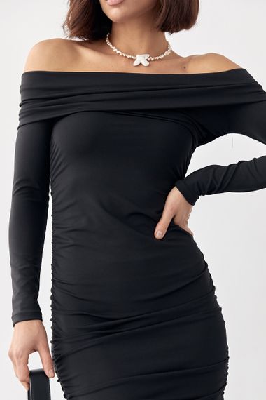 Силуэтное платье с драпировкой и открытыми плечами - черный цвет, S (есть размеры) | Зображення 3