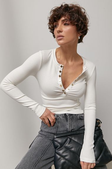 Приталений лонгслів в рубчик на кнопках - молочний цвет, S (є розміри) | Зображення 4