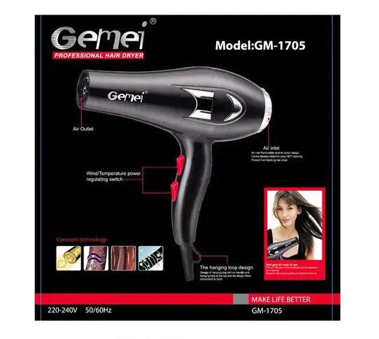 Фен Gemei GM-1705 для сушки укладки волос электрофен с концентратором 1500 Вт Черный | Зображення 3