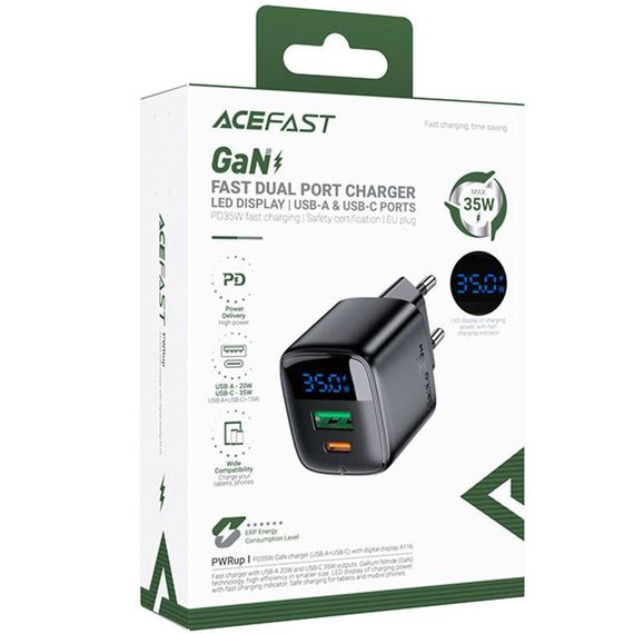 СЗУ Acefast A116 PD35W+QC3.0 GaN (1USB-A/1C) Black | Зображення 1