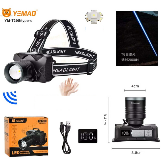 Ліхтар акумуляторний налобний YEMAO YM-T305 TG Motion Sensor Li-Ion акумулятор ЗУ Type-C zoom 30 Вт Чорний | Зображення 3