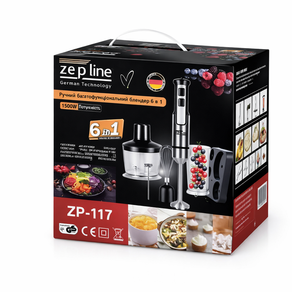 Погружающий блендер 6 в 1 Zepline ZP-117 1500 Вт кухонный многофункциональный блендер с насадками, измельчитель, венчик, миксер | Зображення 4