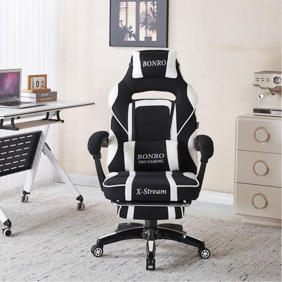 Крісло геймерське з тканини Bonro Бонро B-141 чорно-біле з підставкою для ніг (42401112) | Зображення 9