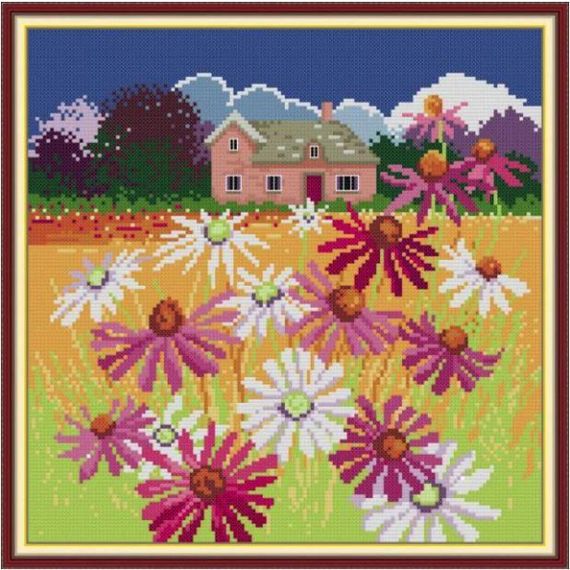 Набор для вышивания по нанесённой на канву схеме "Four season in the field-autumn". AIDA 14CT printed 33*33 см