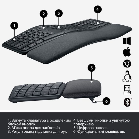 Клавіатура Logitech ERGO K860 Bluetooth/Wireless UA Black (920-010108) | Зображення 5