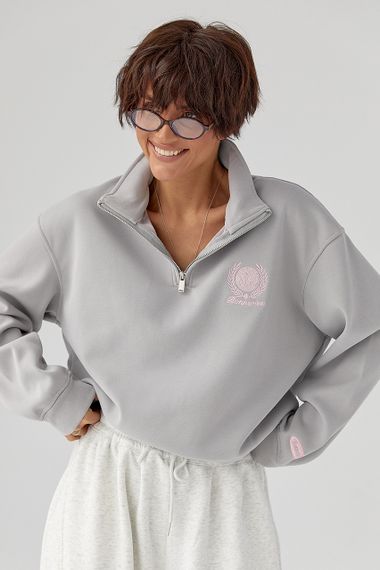 Жіночий теплий світшот із блискавкою на горловині - сірий цвет, ONE SIZE (є розміри) | Зображення 4