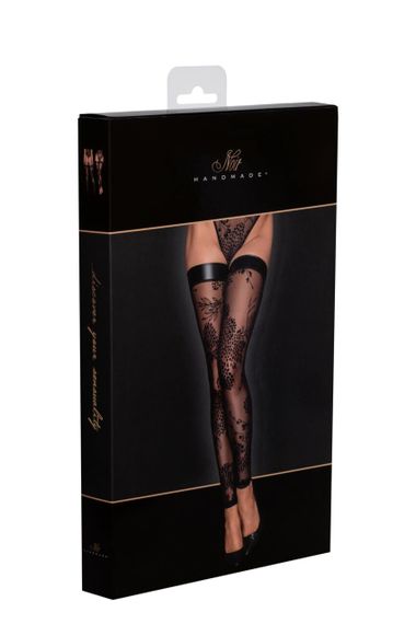 Тюльові панчохи з візерунковою вишивкою з флока Noir Handmade F243 Tulle stockings with patterned flock embroidery Чорні 2XL | Зображення 5