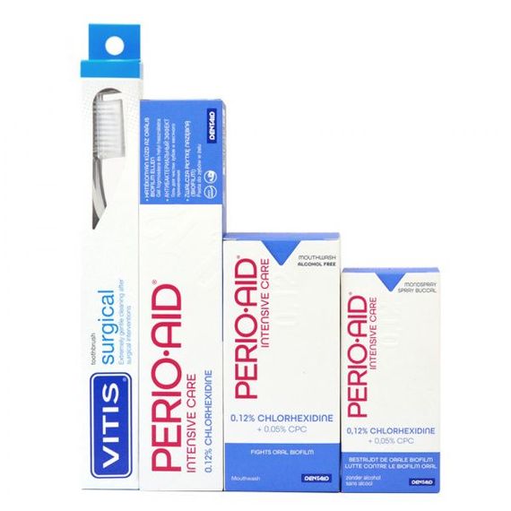 Набір PERIO-AID 0.12%: ополіскувач 500 мл, гель-паста 75 мл, щітка VITIS SURGICAL (DENTAID)