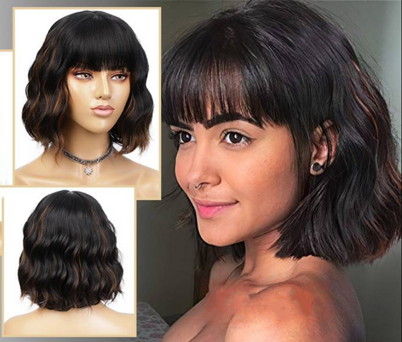 Коротка хвиляста термостійка жіноча перука каре з чубчиком, чорна з меліруванням, 14" 35 см, брюнетка балаяж волосся | Зображення 2