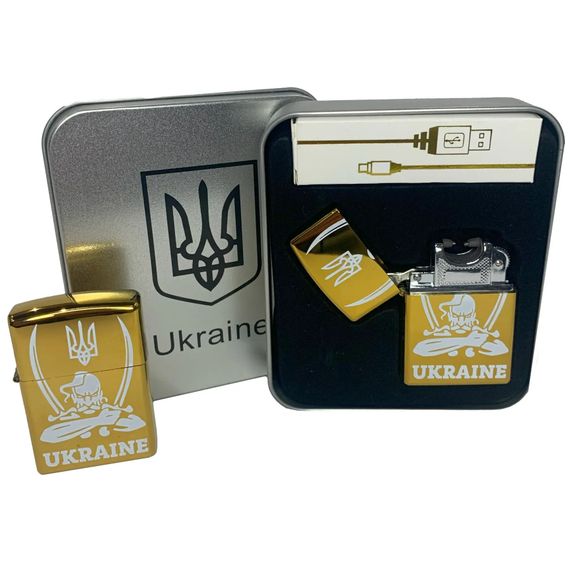 Дуговая электроимпульсная USB зажигалка Украина (металлическая коробка) HL-449. XD-184 Цвет: золотой