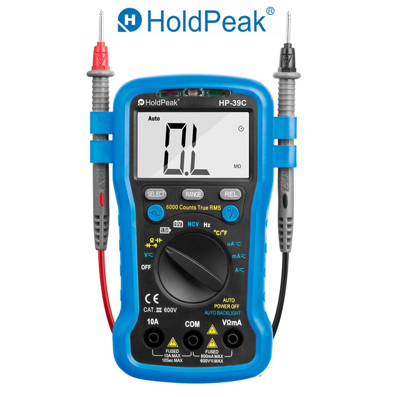 Мультиметр HoldPeak HP-39C компактний цифровий (TrueRMS 6000 відліків 600В 10А AC/DC 60МОм 60mF 1000°C 10MHz NCV)