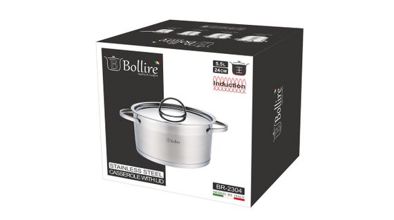 Кастрюля Bollire Catania BR-2304, 5.5 л, 24 см, из нержавеющей стали с крышкой, для всех типов плит | Зображення 2