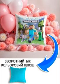 Подушка плюшева Мерч Крафт Дизайн з принтом Майнкрафт Minecraft 1 блакитний плюш квадратна 33х33 см